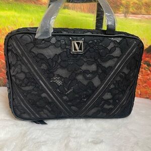 Victoria's Secret Black Lace Cosmetic Case with V Emblem